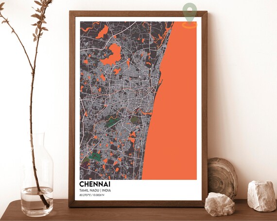 Chennai India Coastal Street Map Charcoal Orange Bay of Bengal Art Print