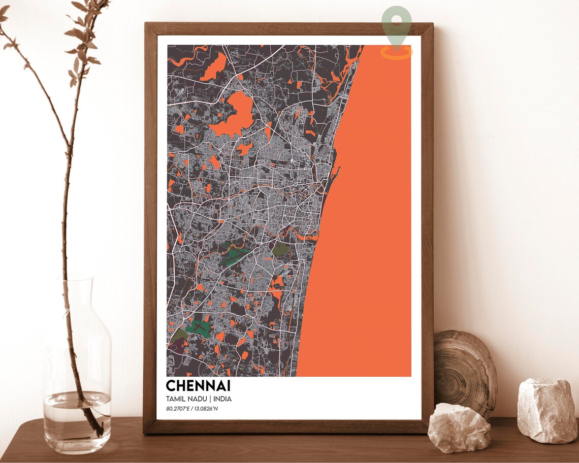 Chennai India Coastal Street Map Charcoal Orange Bay of Bengal Art Print