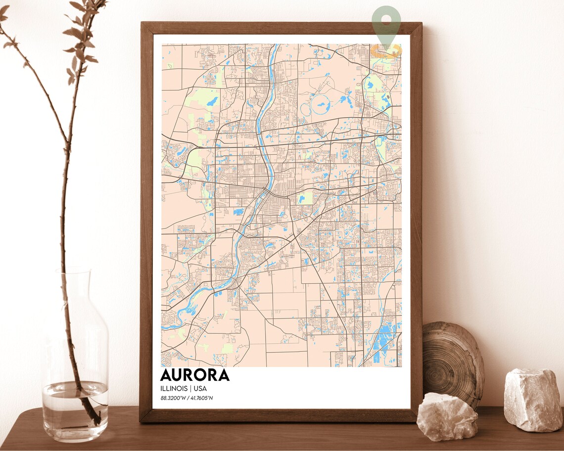 Aurora Illinois City Map Navy Golden River Street Grid Poster - Image 3