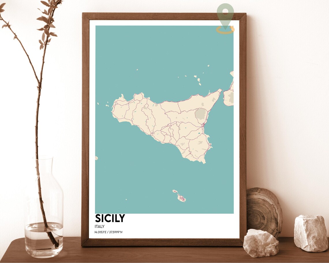 Sicily Italy Island Map Navy on Mustard Yellow Graphic Poster - Image 6