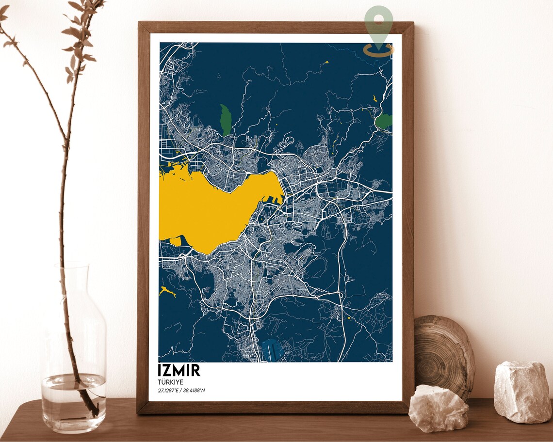 Izmir Turkiye Navy Yellow City Map Modern Travel Wall Poster
