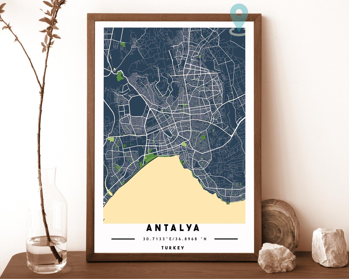 Antalya Turkey navy with a pale cream coast Street Map Coordinates Poster