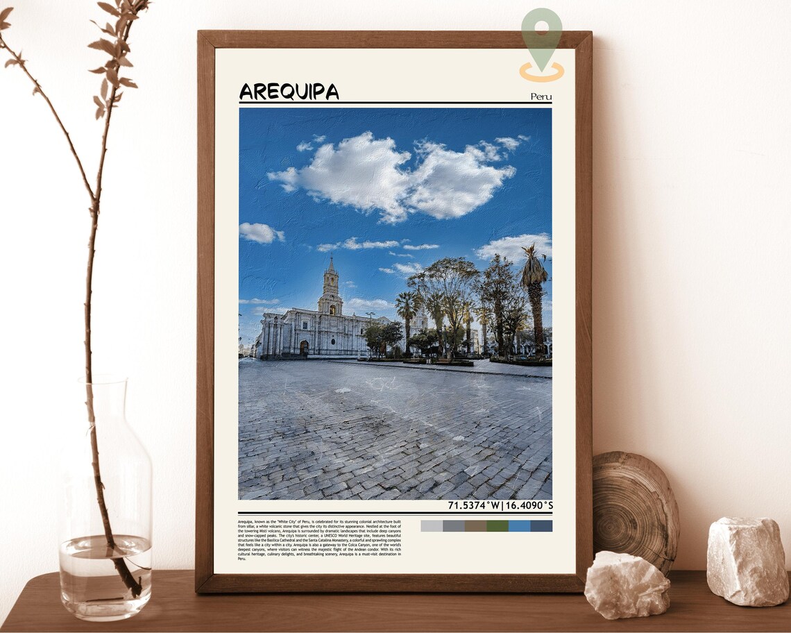 Arequipa Peru White Colonial Cathedral Plaza Vintage Travel Poster
