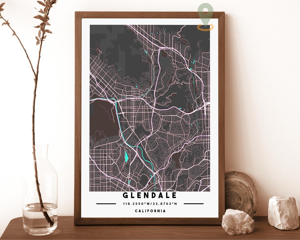Glendale California Dark Street Map City Grid Modern Art Poster - Image 3