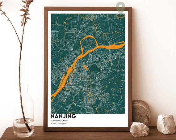 Nanjing Jiangsu China Bold Green Gold Modern City Map Art Poster