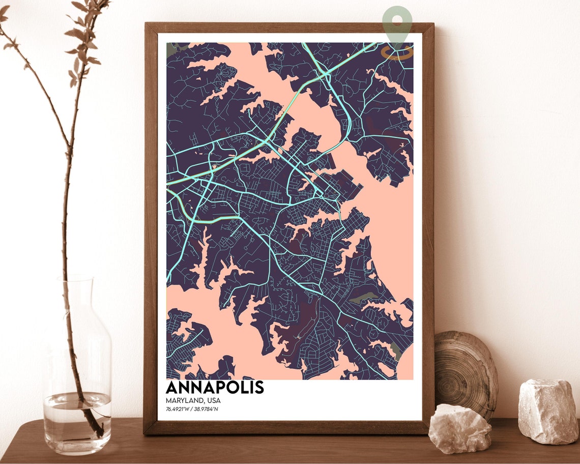 Annapolis Maryland Teal Orange Minimalist Street Map Art Print - Image 5