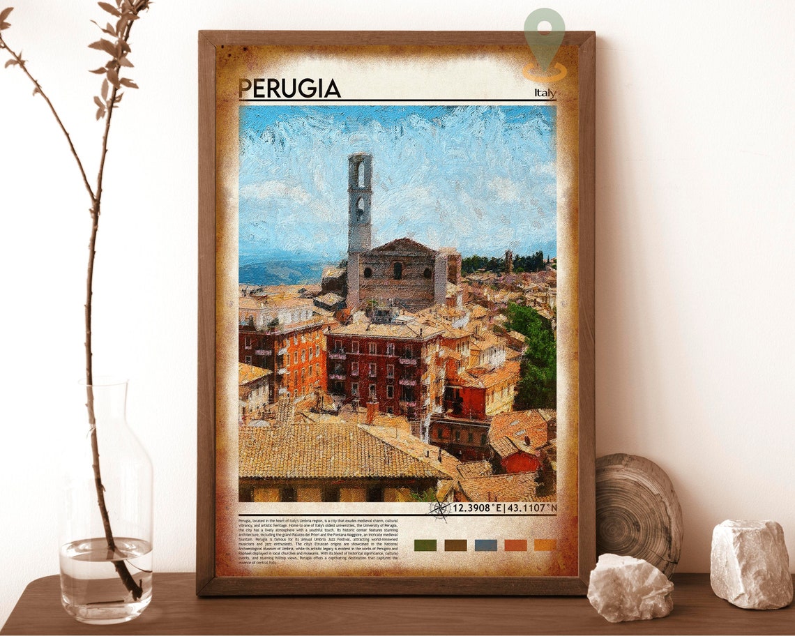 Perugia Italy Hilltop Old Town Bell Tower Painterly View Poster - Image 6