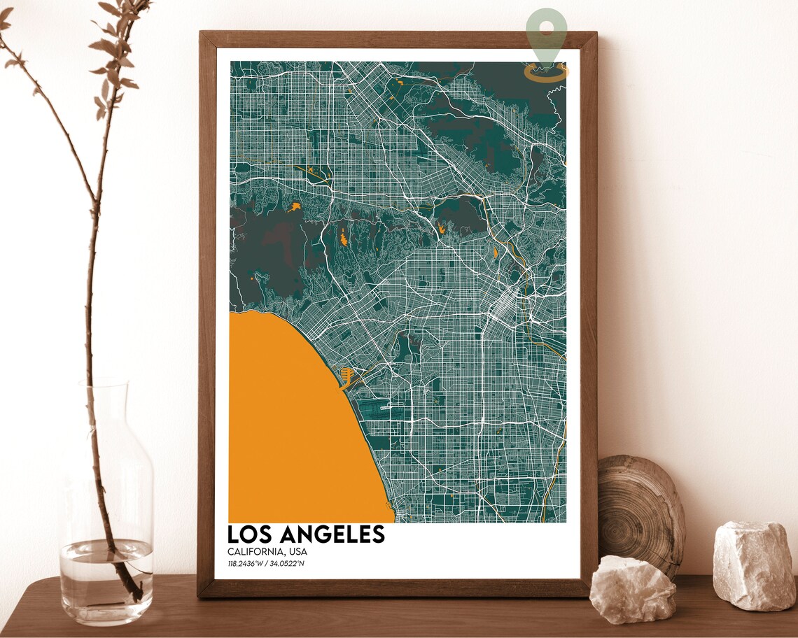 Los Angeles California Navy Yellow Coastal Street Map Poster - Image 6