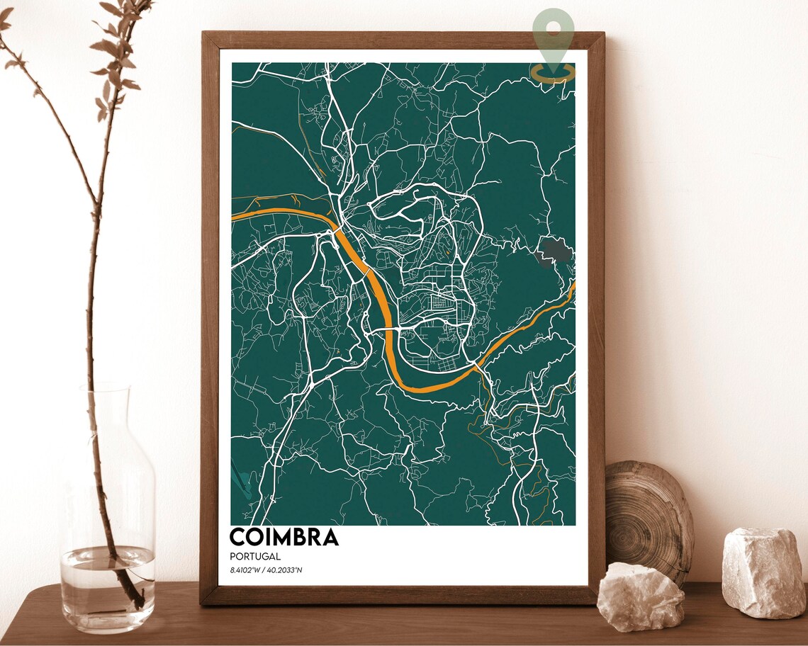 Coimbra Portugal Historic Dark Cyan River City Map Art Poster - Image 6