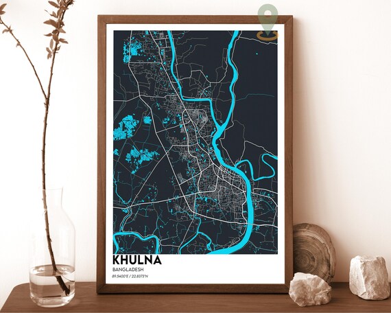 Khulna Bangladesh Dark Teal River Minimalist City Map Wall Art