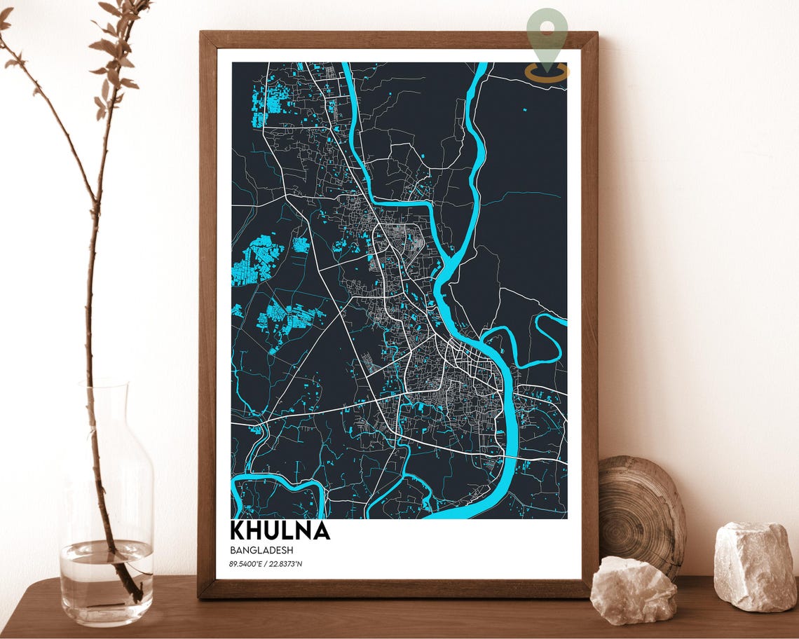 Khulna Bangladesh Dark Teal River Minimalist City Map Wall Art