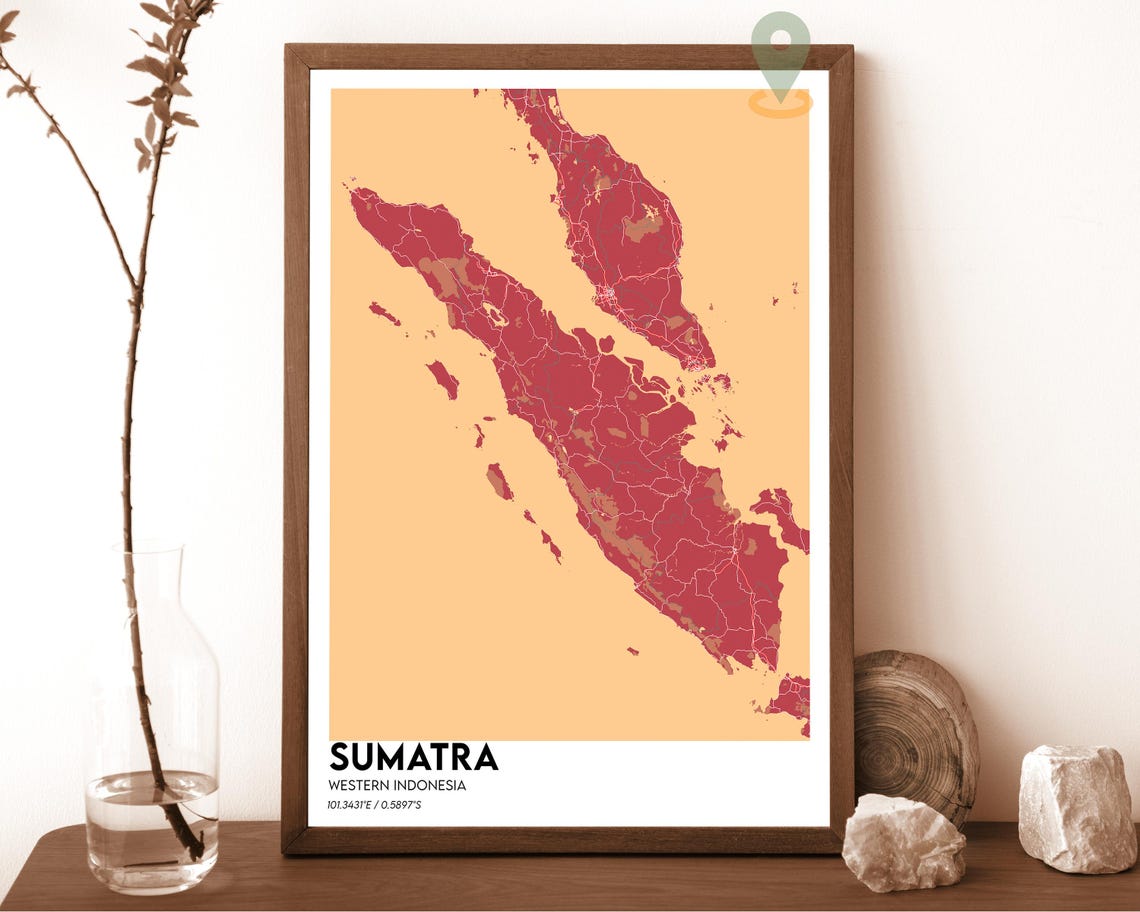 Sumatra Western Indonesia Island Map Poster Red Modern Artwork