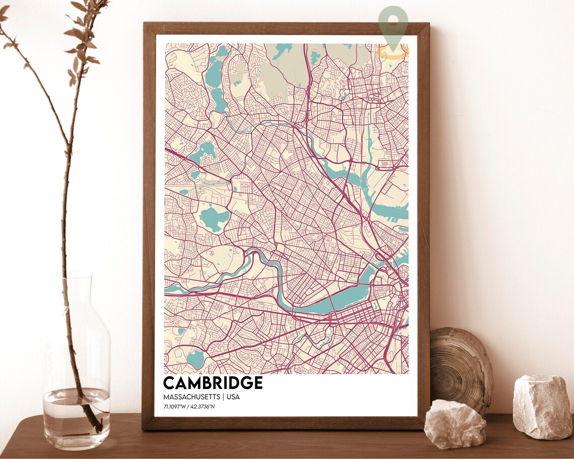 Cambridge Massachusetts Street Map Charles River Magenta Cream Art Print