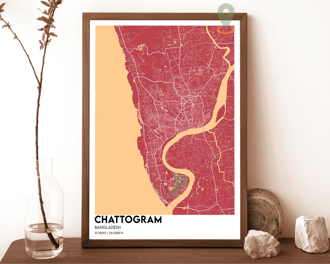 Chattogram Bangladesh River Delta Street Map Navy Gold Modern Art Print - Image 4