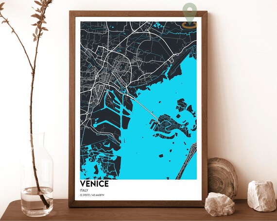 Venice Italy City Map Poster Navy Cyan Modern Lagoon Artwork