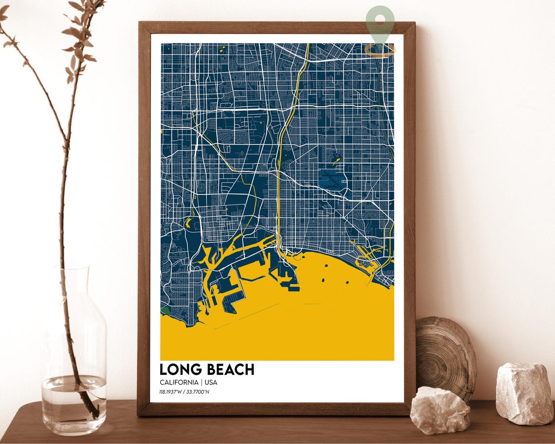 Long Beach California Navy Mustard City Street Map Coastal Art Poster
