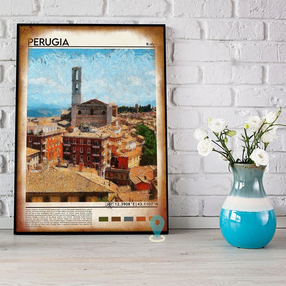 Perugia Italy Hilltop Old Town Bell Tower Painterly View Poster - Image 4