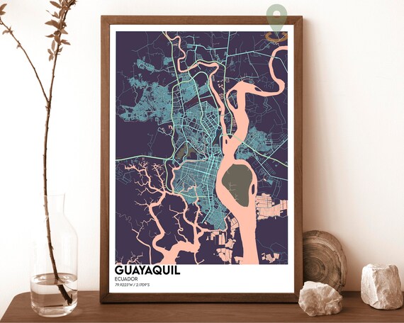 Guayaquil Ecuador Purple Peach River Street Map Port Art Poster