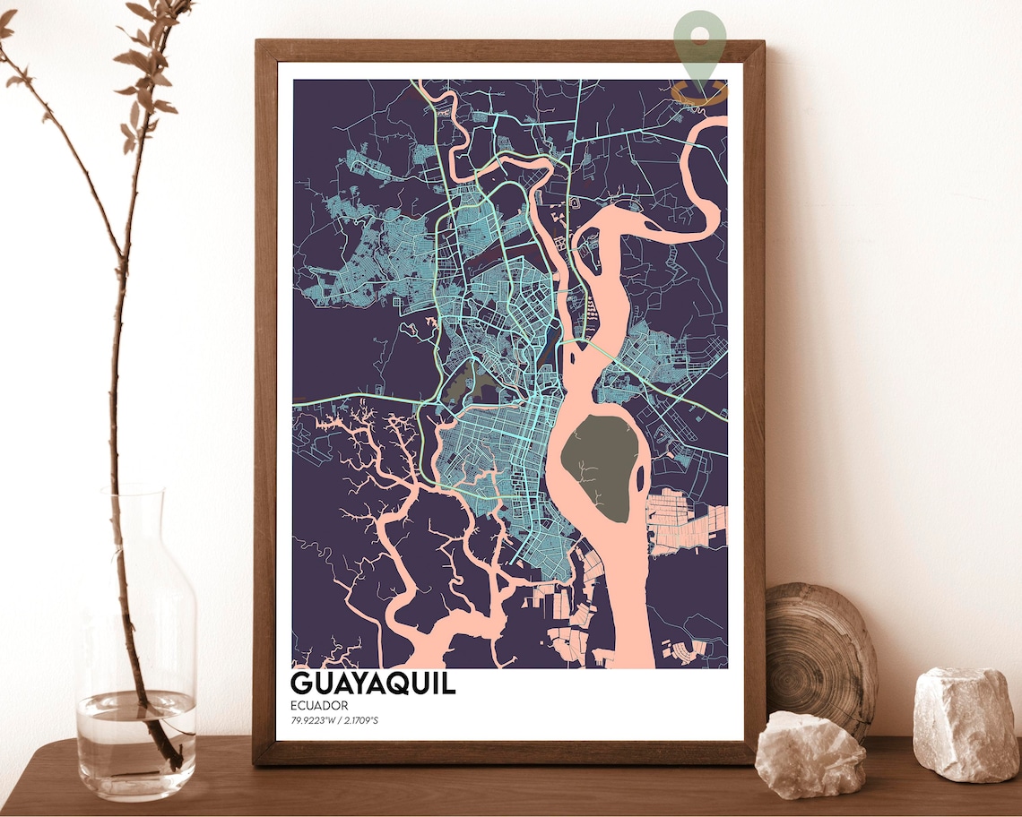 Guayaquil Ecuador Purple Peach River Street Map Port Art Poster