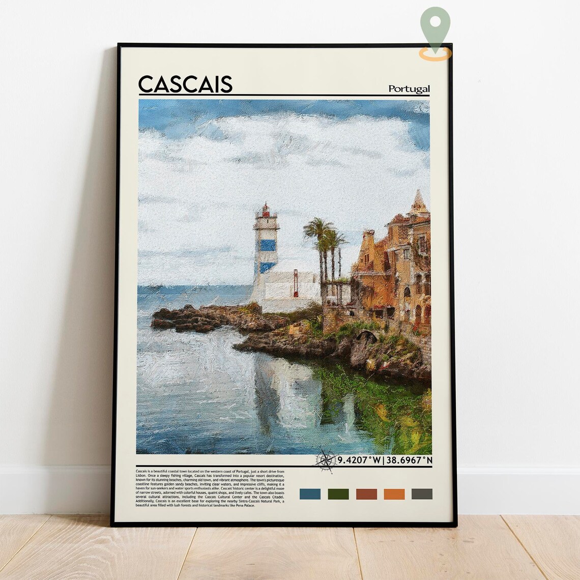 Cascais Portugal Lighthouse Rocky Coast Painted Vintage Travel Poster - Image 2