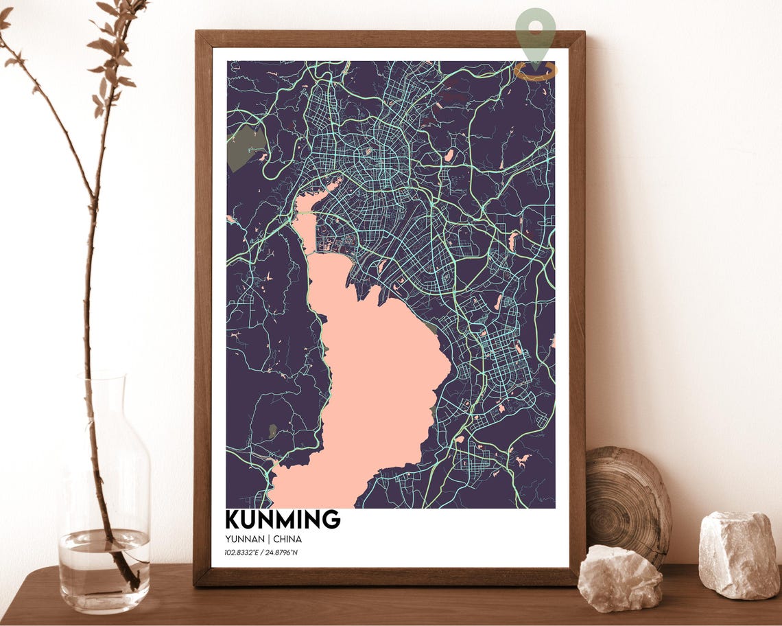 Kunming China Yunnan Lake Cream Minimalist City Map Wall Art - Image 6