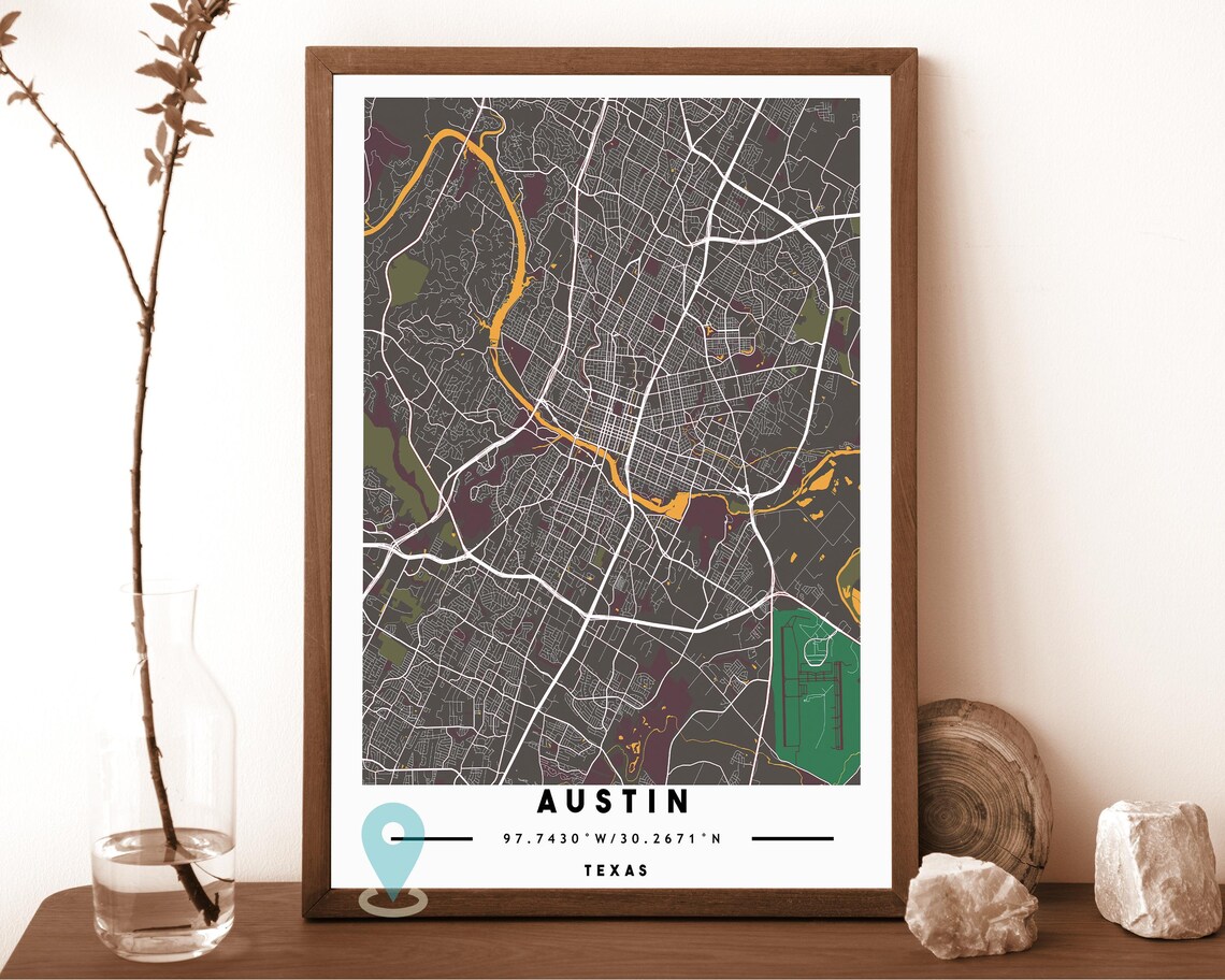 Austin Texas warm beige with a blue river Street Map Coordinates Poster - Image 4