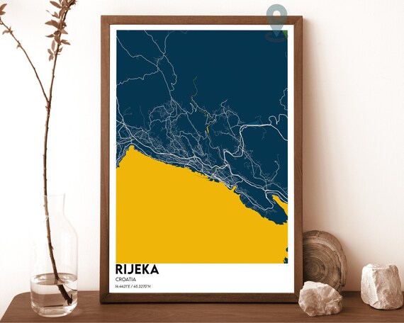 Rijeka Croatia Golden Yellow Navy Coastal City Map Home Decor Poster