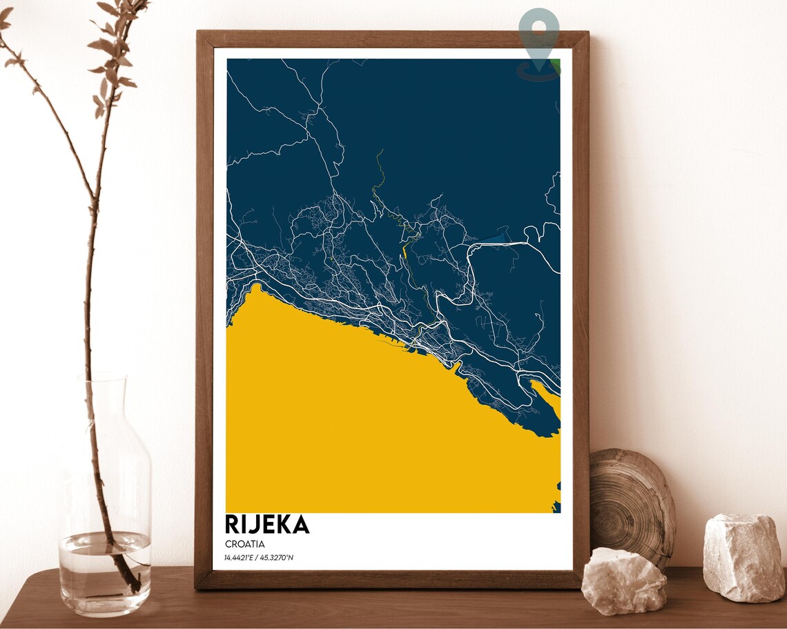 Rijeka Croatia Golden Yellow Navy Coastal City Map Home Decor Poster