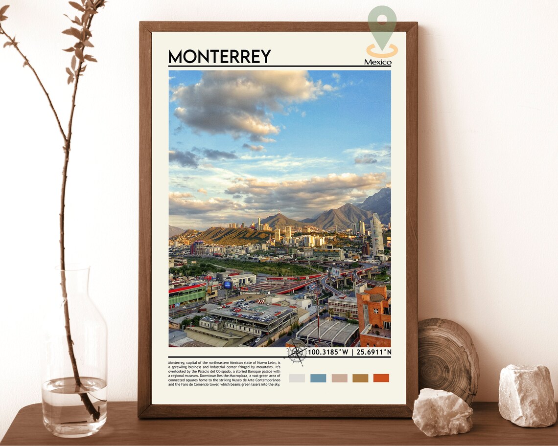 Monterrey Mexico City Skyline Mountain Backdrop Sunset Travel Poster