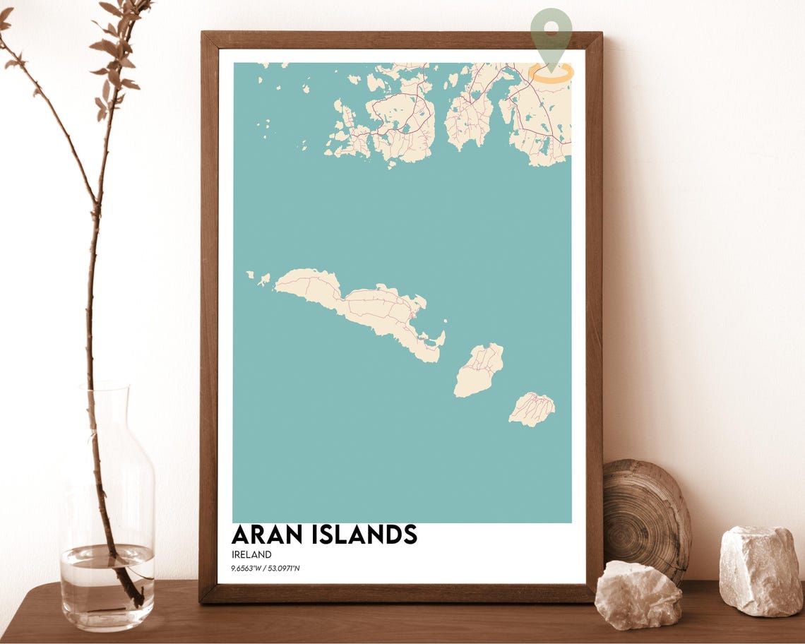Aran Islands Ireland Teal Minimalist Island Street Map Wall Art