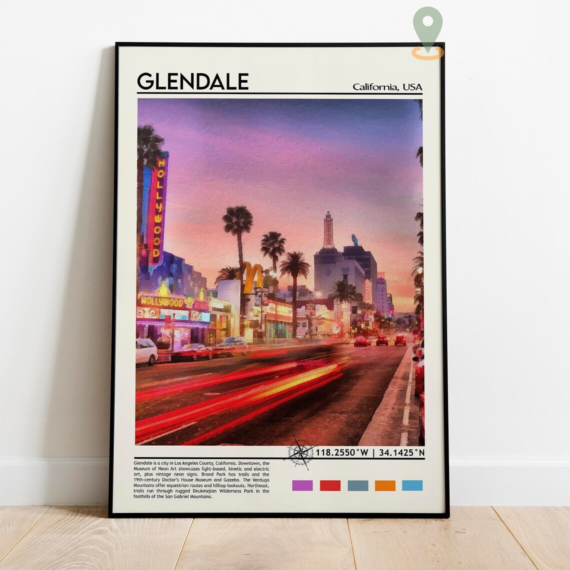 Glendale California Sunset Neon Street Watercolor City Poster - Image 2