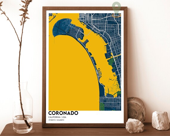 Coronado California Navy Yellow Harbor Modern City Map Art Poster