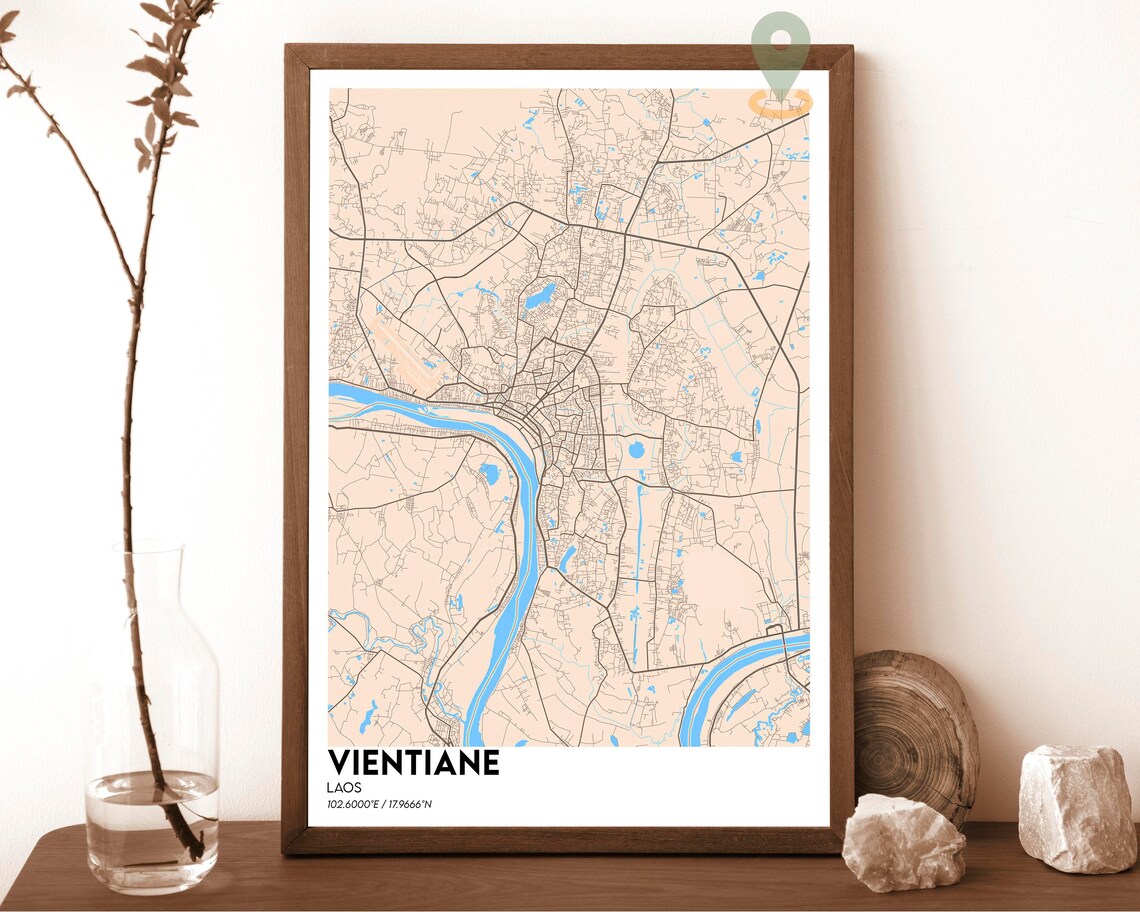 Vientiane Laos City Map Green Golden Mekong River Street Poster - Image 4