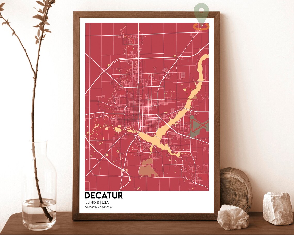 Decatur Illinois Cream Maroon Soft Retro City Map Art Poster - Image 4