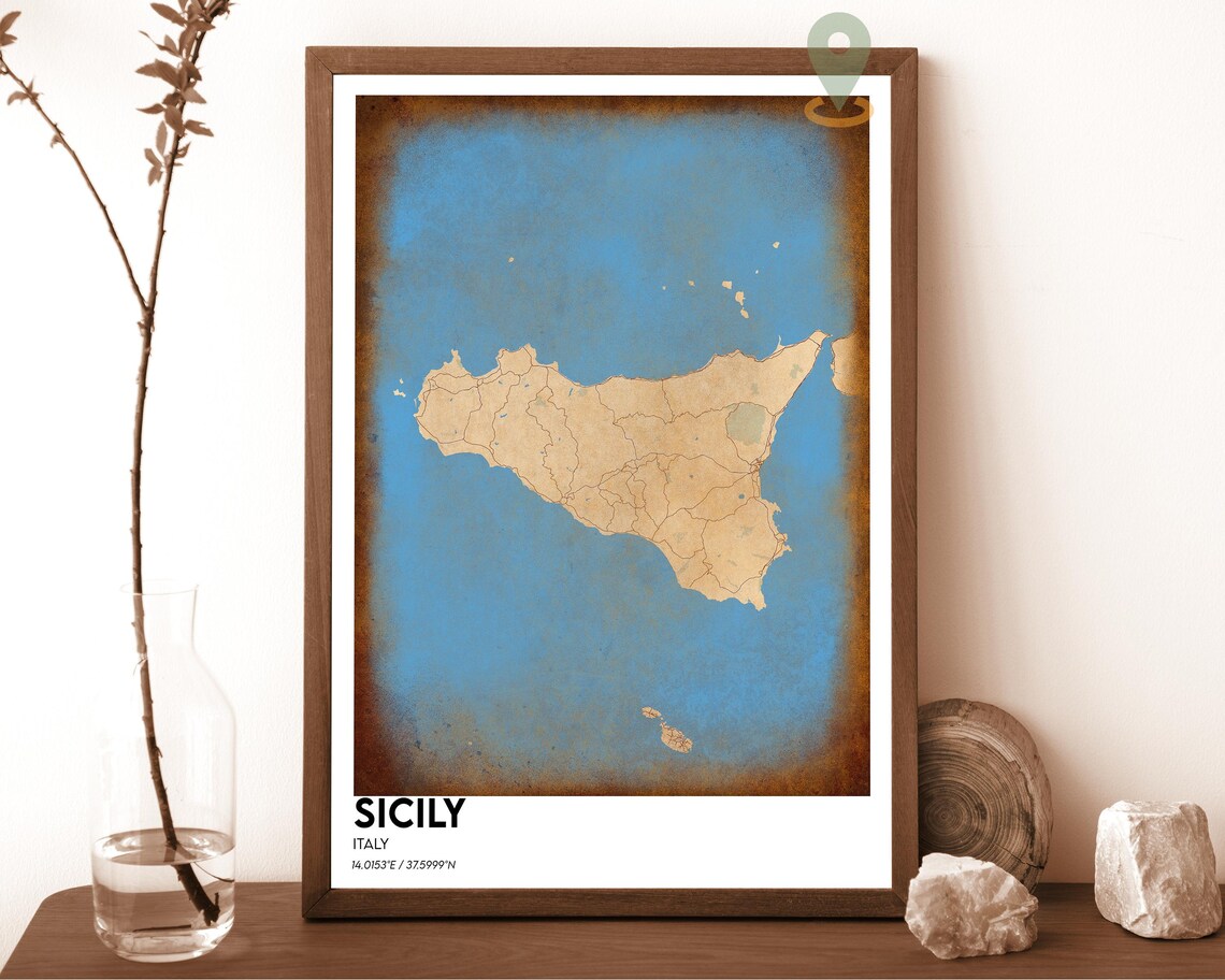 Sicily Italy Island Map Navy on Mustard Yellow Graphic Poster - Image 4