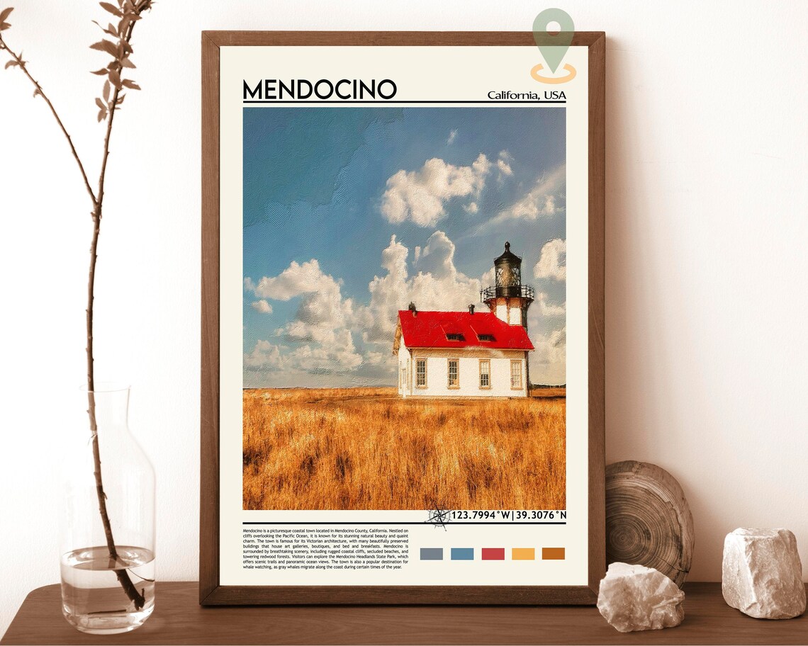 Mendocino California Red Roof Lighthouse Coastal Travel Poster