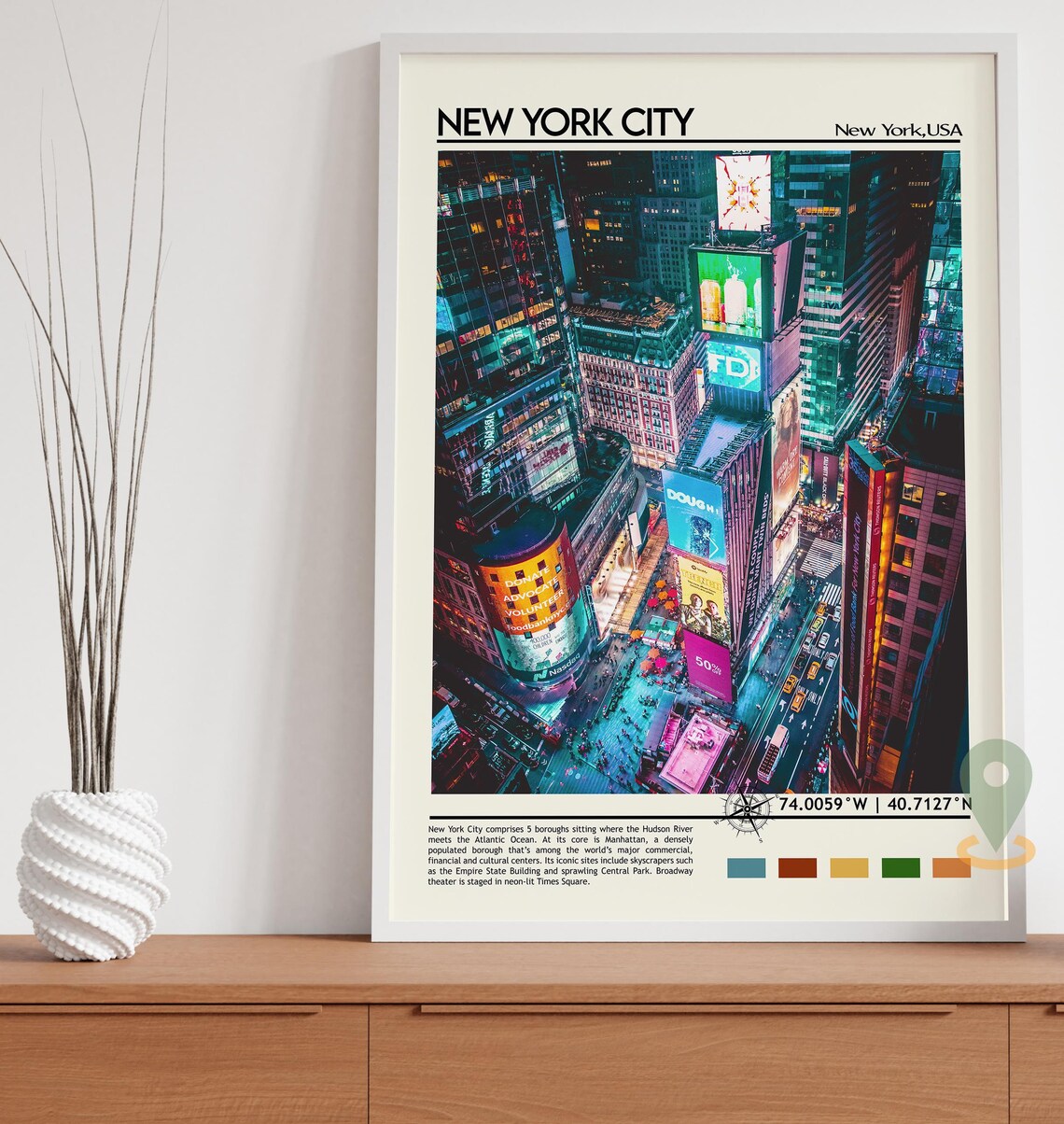 New York City Times Square Manhattan Neon Night Aerial Travel Poster - Image 3