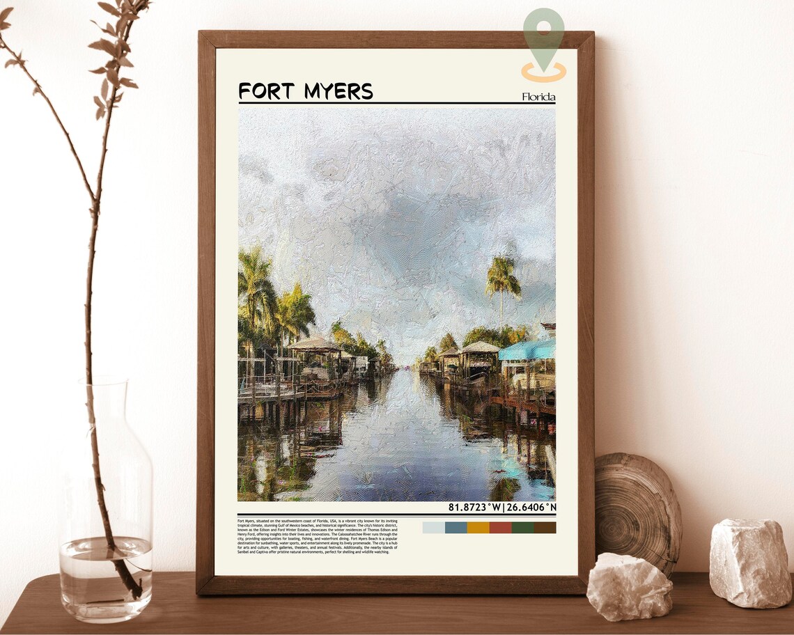 Fort Myers Florida Gulf Coast Waterfront Sunset Boats Travel Poster