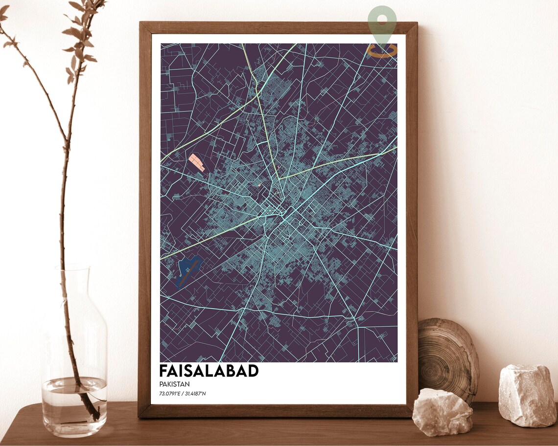Faisalabad Pakistan Teal Green Street Map Modern Art Decor Poster - Image 3