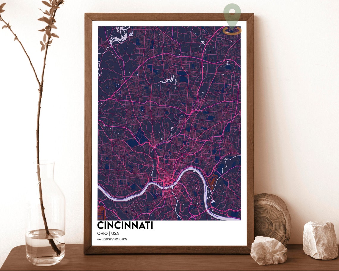 Cincinnati Ohio Street Map Golden Ohio River Navy Blue Grid Art Print - Image 2