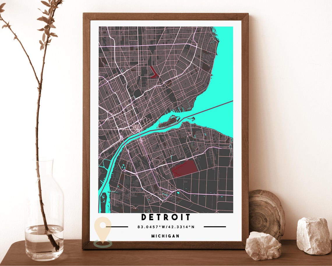 Detroit Michigan Navy Yellow City Street Map Coordinates Travel Poster - Image 4