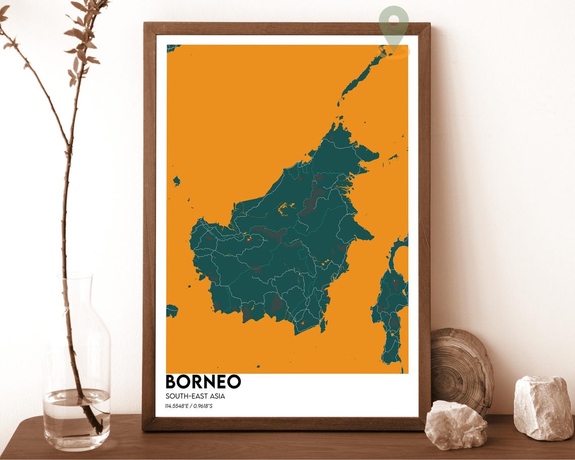 Borneo Southeast Asia Bold Golden Yellow Island Map Art Poster - Image 6