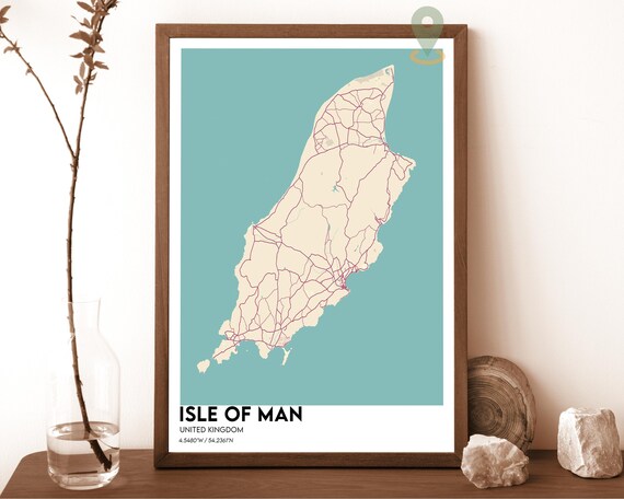 Isle of Man United Kingdom Island Road Map Minimal Teal Travel Poster