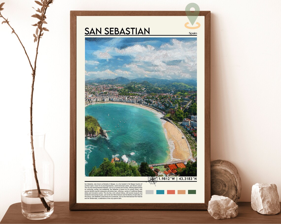 San Sebastian Spain Curved La Concha Bay Beach Travel Poster