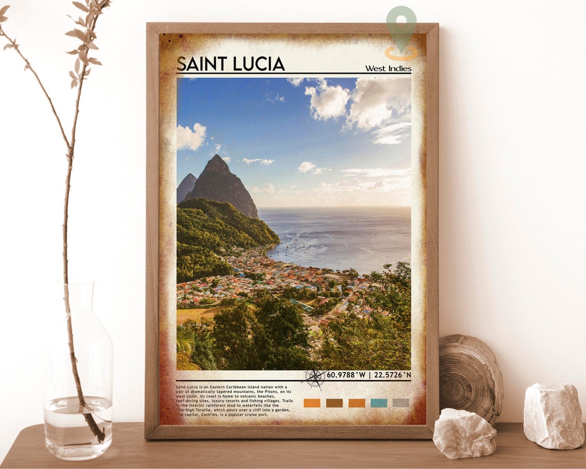 Saint Lucia West Indies Pitons Peaks Town View Travel Poster - Image 6