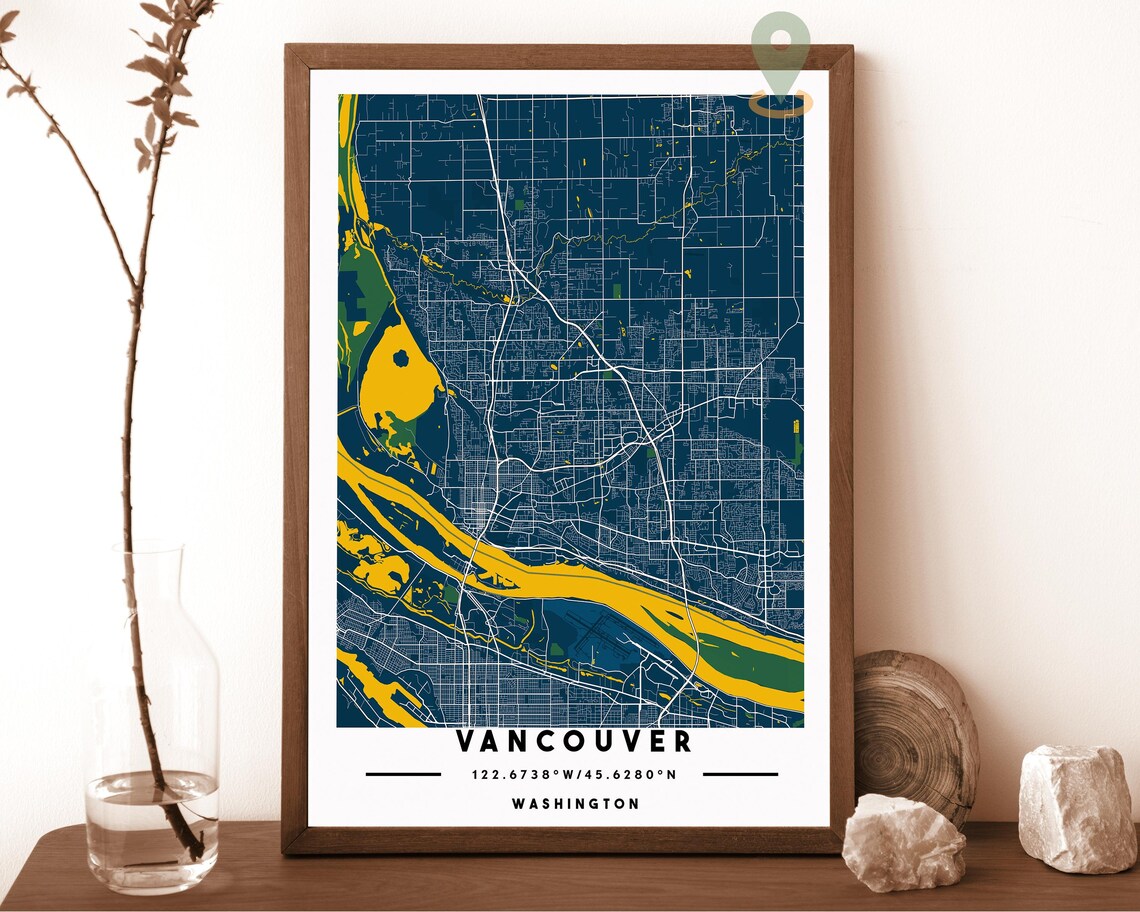 Vancouver Washington Navy Gold Street Map Bold Minimalist Wall Art