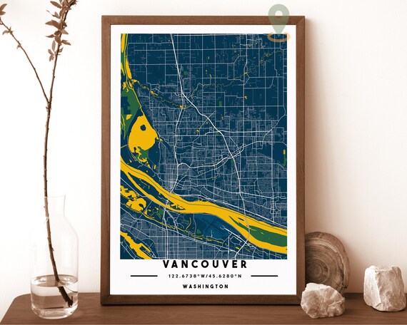 Vancouver Washington Navy Gold Street Map Bold Minimalist Wall Art