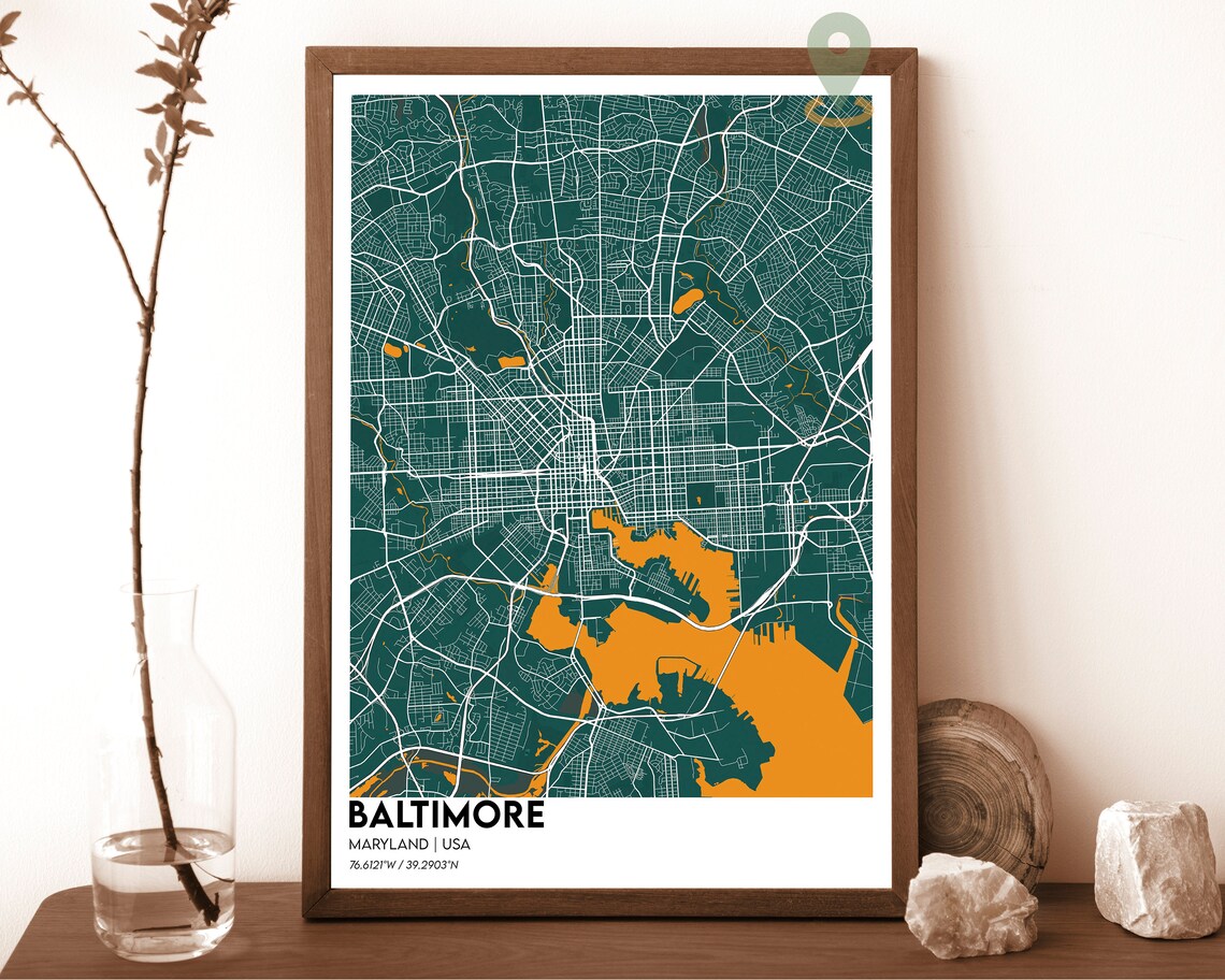 Baltimore Maryland City Map Night Purple Cyan Street Grid Poster - Image 3
