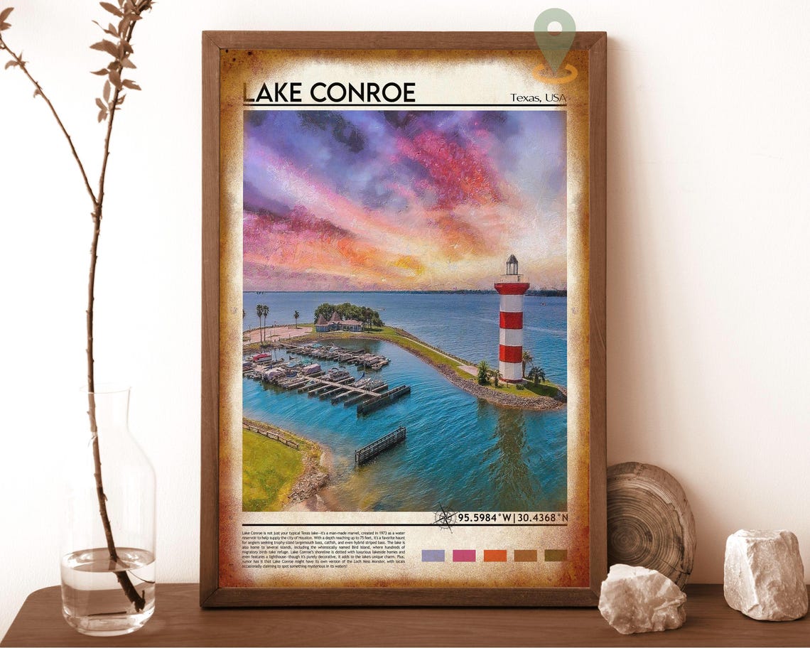 Lake Conroe Texas Sunset Marina Lighthouse Oil Painting Travel Poster - Image 6