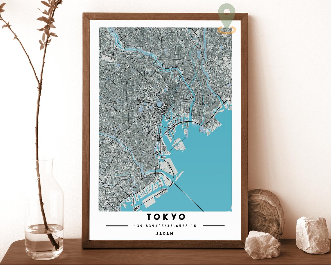 Tokyo Japan City Map Art Poster Grey Blue Modern Travel Decor